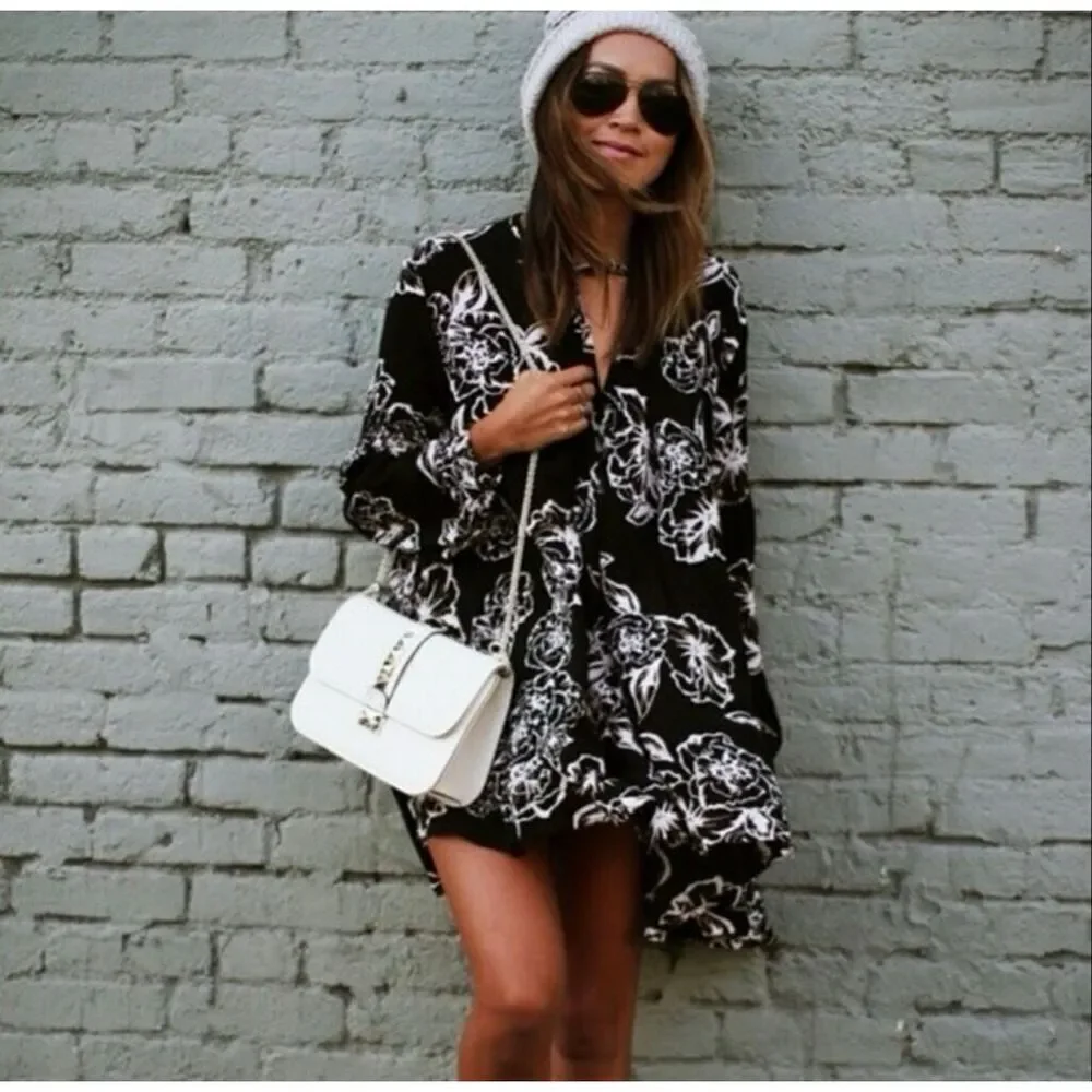Free people Long Sleeve Black White Tree Swing Tunic Mini Dress Size XS